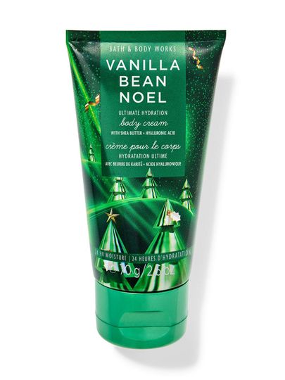 Mały krem do ciała "Vanilla Bean Noel" z motywem choinek i złotymi gwiazdkami na wieczór. Bath & Body Works.