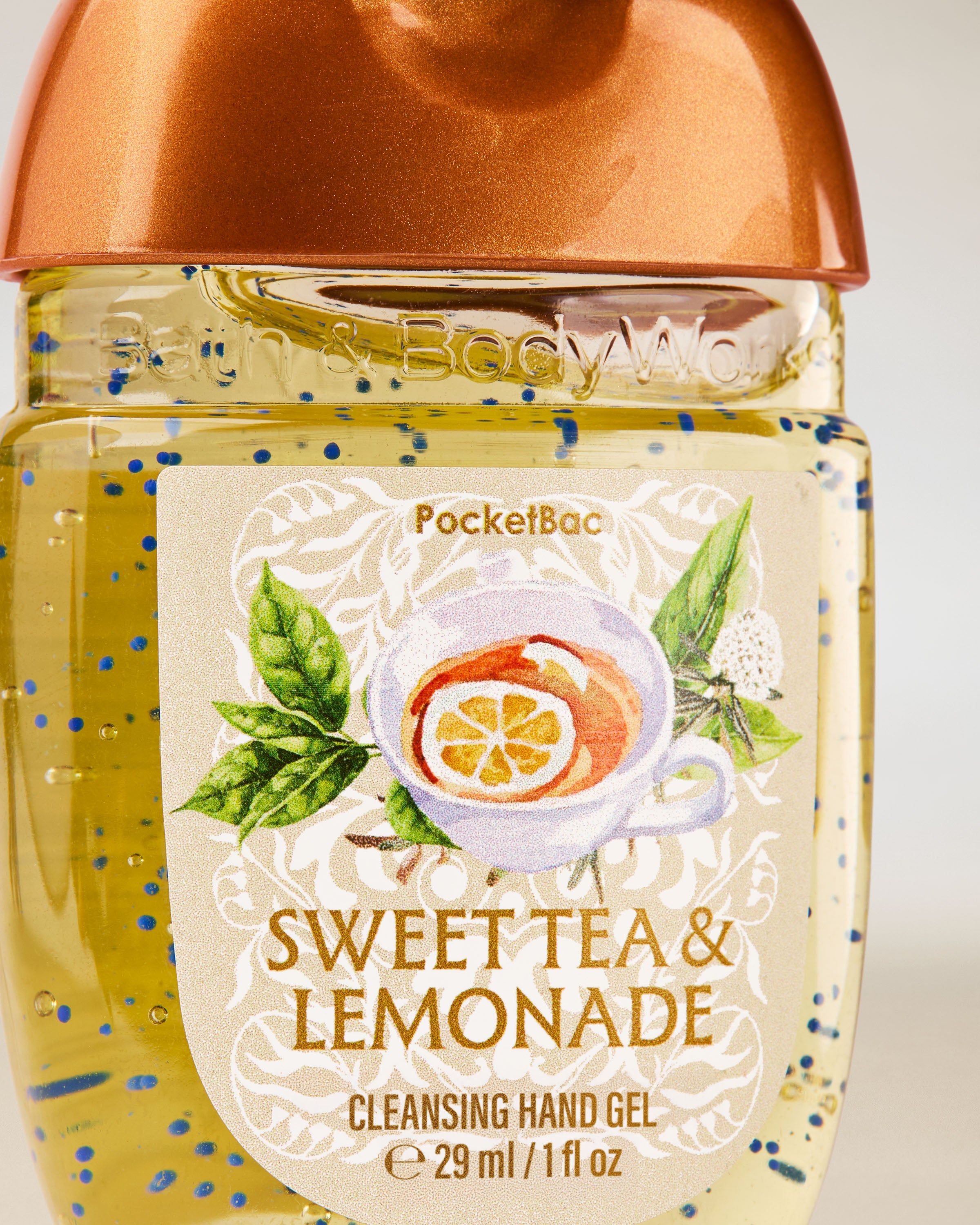 Bath & Body Works Sweet Tea & Lemonade PocketBac – dezinfekční gel na ruce ve žluté lahvičce s motivem čaje a citronu.