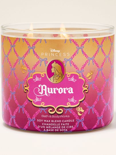 Tříknotová svíčka Aurora ve zlatých a růžových tónech s královským motivem Disney Princess.