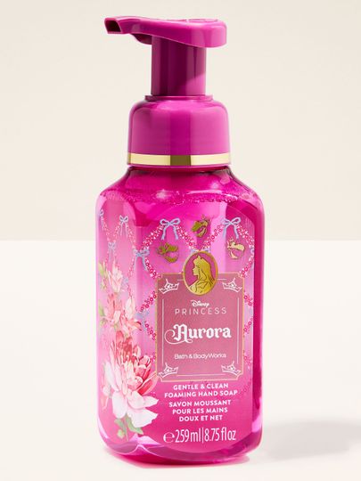 Pěnové mýdlo Aurora od Bath & Body Works v růžovém flakonu s květinovým motivem a zlatými detaily.