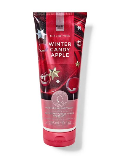 Kremowy żel pod prysznic o zapachu Winter Candy Apple, z motywem czerwonych jabłek i gwiazd. Bath & Body Works.