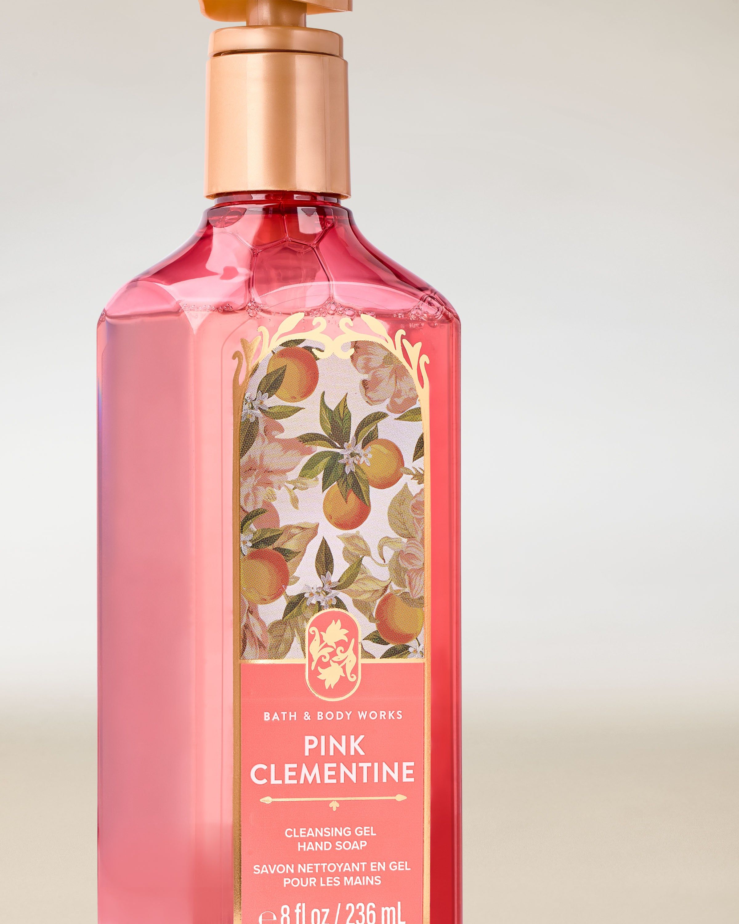 Bath & Body Works Pink Clementine – růžové gelové mýdlo na ruce s klementinkami a zlatou pumpičkou.