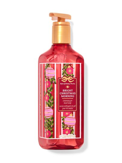 Czerwone, żelowe mydło do rąk „Bright Christmas Morning” z motywem świątecznych bombek. Bath & Body Works.