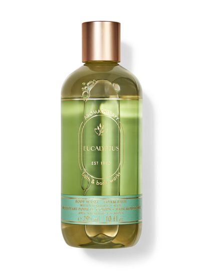 Sprchový gel a pěna do koupele Bath & Body Works Aromatherapy "Eucalyptus" v nazelenalé lahvi.