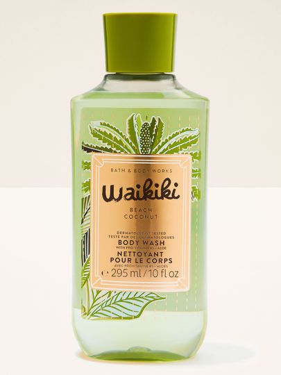 Sprchový gel Waikiki Beach Coconut v zelené lahvi s tropickou etiketou a zeleným víčkem.