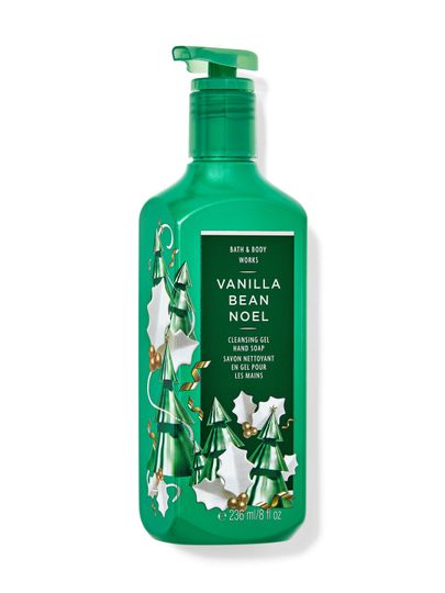 Zielone, żelowe mydło do rąk „Vanilla Bean Noel” z motywem choinek i ostrokrzewu. Bath & Body Works.