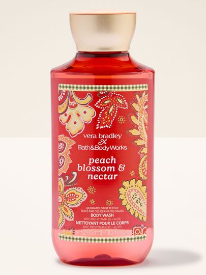 Bath & Body Works Peach Blossom & Nectar – sprchový gel v dekorovaném flakonu s květinovým a broskvovým motivem.