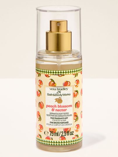 Bath & Body Works Peach Blossom & Nectar – mini parfémová mlha na tělo a vlasy v průhledném flakonu.