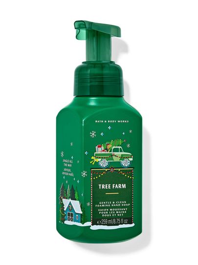 Zielone mydło do rąk w piance „Tree Farm” ze świąteczną ciężarówką i chatką. Bath & Body Works.