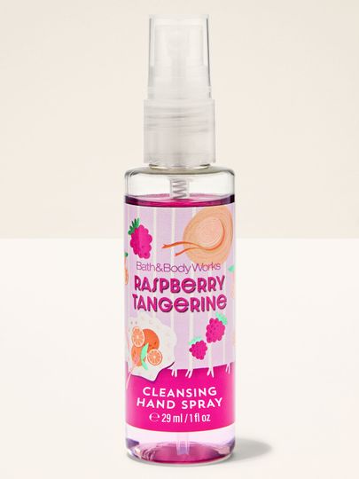 Sprej na ruce Raspberry Tangerine Bath & Body Works v růžové lahvi s ovocním motivem