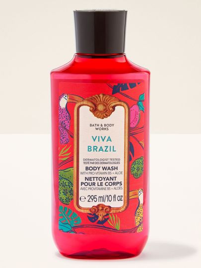 Sprchový gel Viva Brazil v červené lahvi s černým víčkem a barevnou tropickou etiketou.