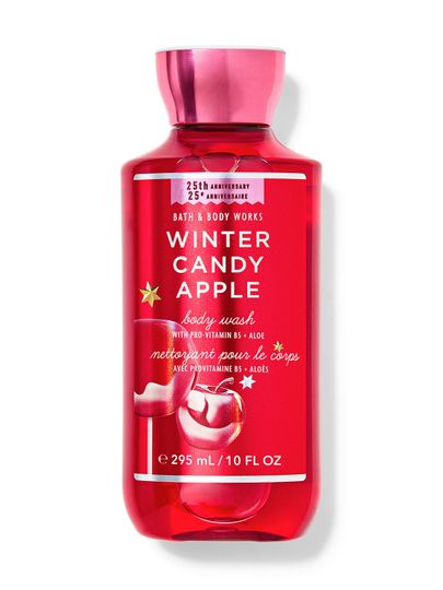 Żel do mycia ciała „Winter Candy Apple”, z czerwoną etykietą z grafiką dwóch czerwonych jabłek, Bath & Body Works.