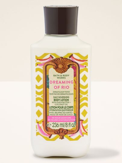 Tělové mléko Bath & Body Works Dreaming of Rio s pestrou tropickou etiketou.