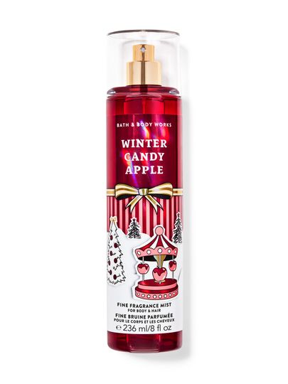 Tělová parfémová mlha Winter Candy Apple Bath & Body Works s motivem kolotoče a vánočních stromků