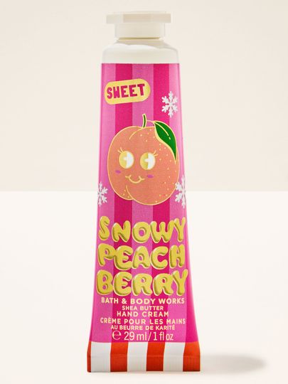 Krém na ruce Snowy Peach Berry Bath & Body Works s motivem broskve a sněhových vloček