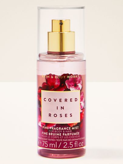 Bath & Body Works Covered in Roses – růžová mlha s růžemi a zlatým rozprašovačem, na tělo i vlasy.