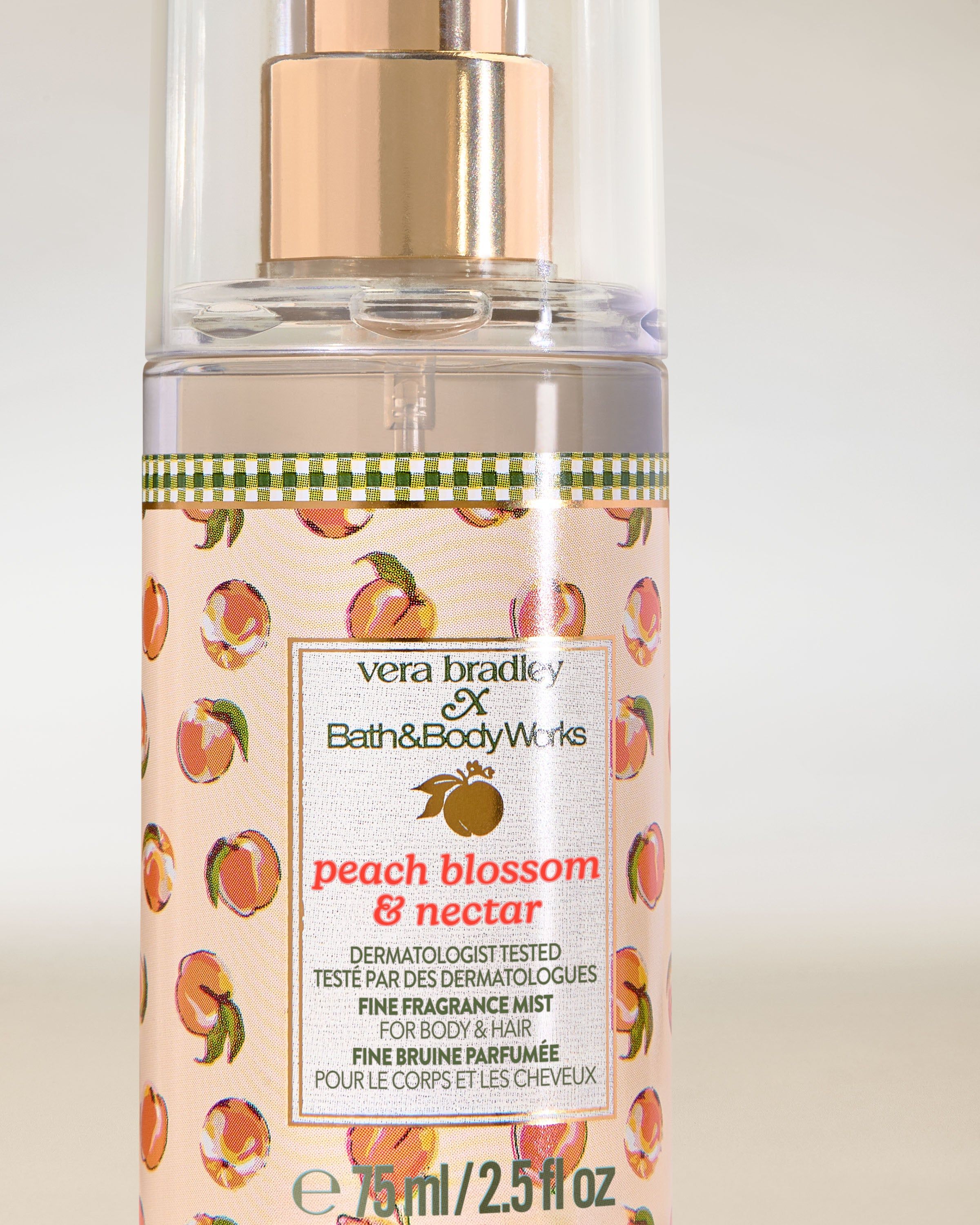 Bath & Body Works Peach Blossom & Nectar – mini parfémová mlha na tělo a vlasy v průhledném flakonu.
