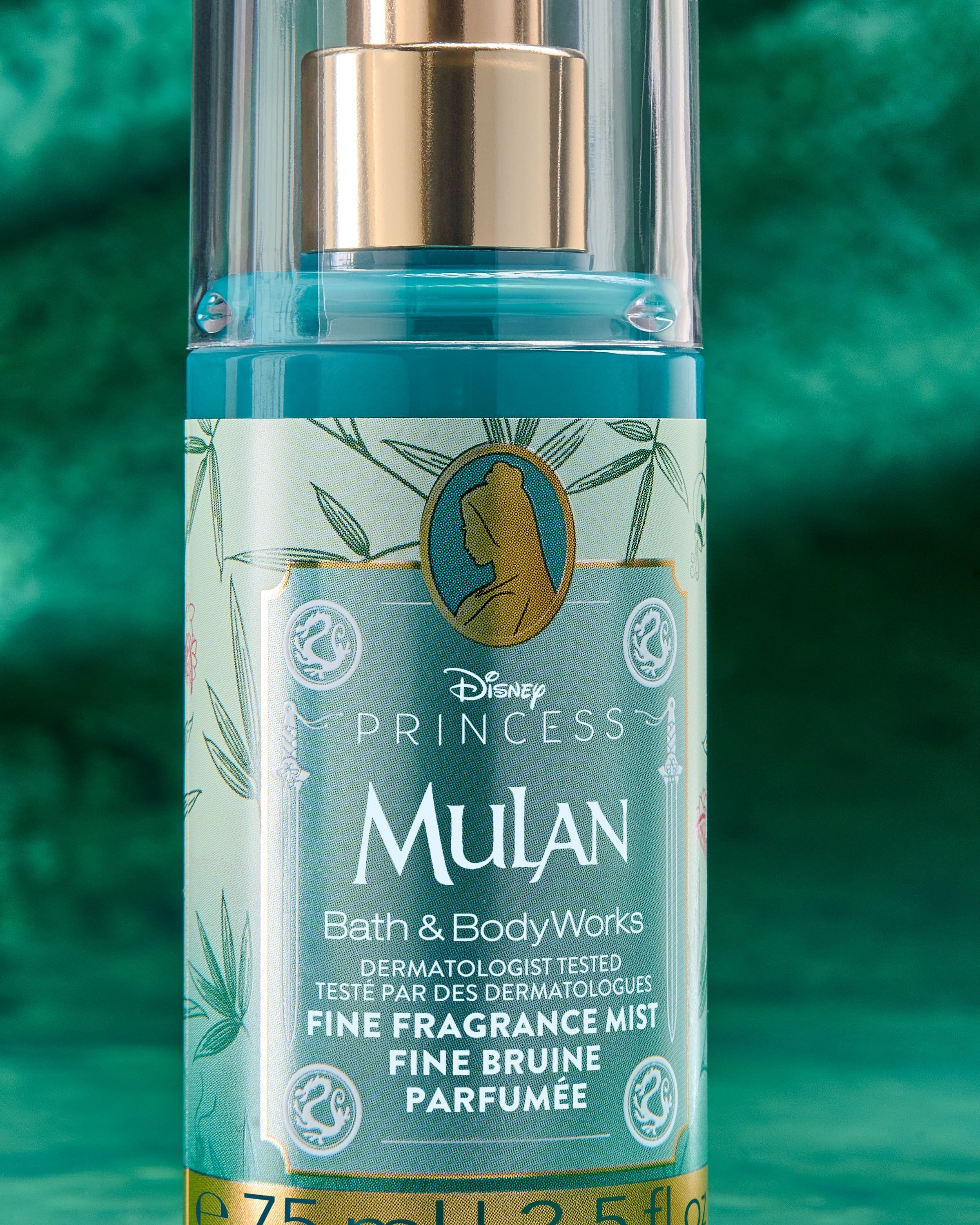 Mini voňavá mlha Mulan z kolekce Disney Princess od Bath & Body Works v tyrkysovém lesklém flakonu.
