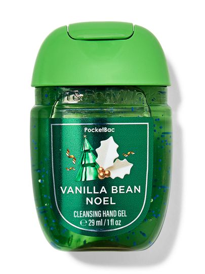 Oczyszczający żelik do rąk o zapachu wanilii, z brokatem i świąteczną etykietą. Bath & Body Works.