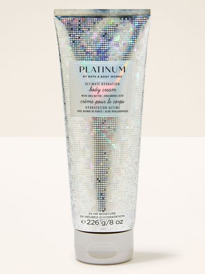 Tělový krém Bath & Body Works Platinum Ultimate Hydration v holografické tubě, 226 g.