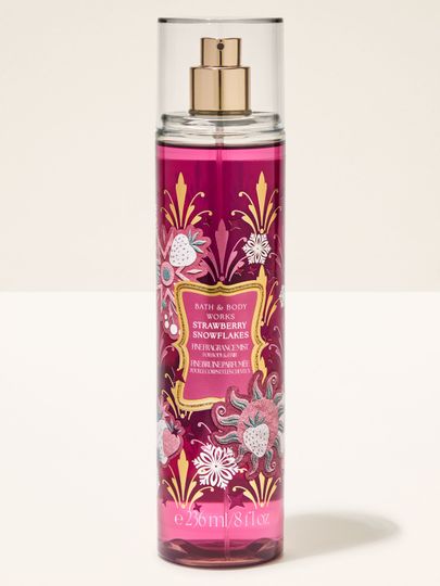 Tělová parfémová mlha Strawberry Snowflakes Bath & Body Works s motivem jahod a sněhových vloček