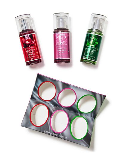 Zestaw mini mgiełek zapachowych: Winter Candy Apple, Twisted Peppermint i Vanilla Bean Noel, Bath & Body Works.