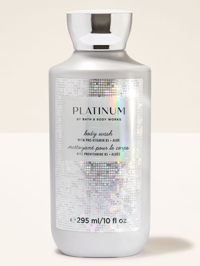 Sprchový gel Platinum Bath & Body Works ve stříbrné lahvi s lesklým štítkem