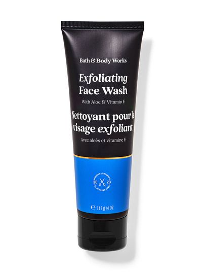 Exfoliační čisticí gel na obličej Bath & Body Works s aloí a vitamínem E v černo‑modré tubě.