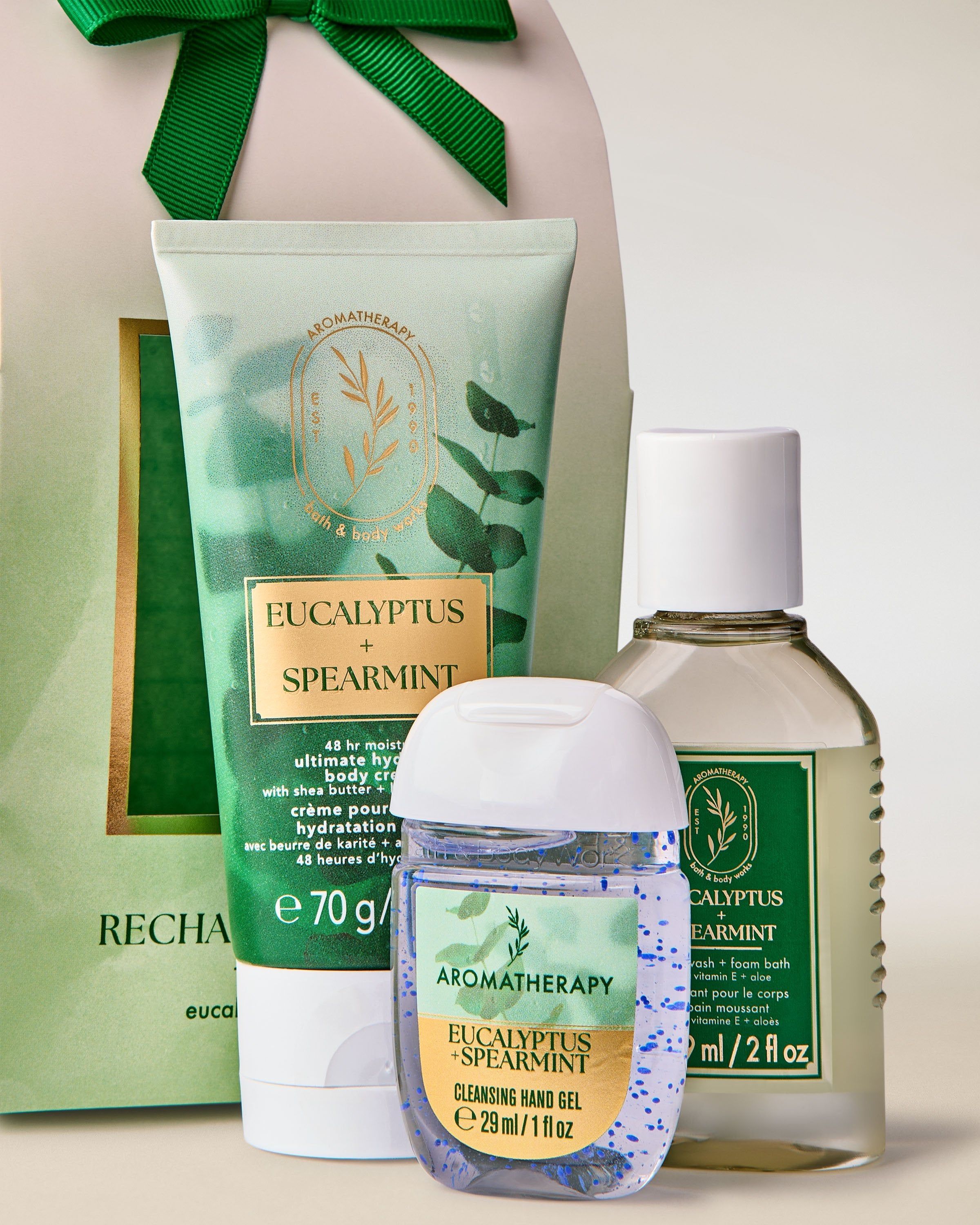 Sada Aromatherapy Eucalyptus + Spearmint Bath & Body Works – zelený relaxační pečující set.