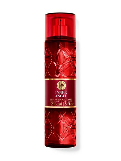 Červená lahvička vonné mlhy Bath & Body Works Inner Angel (236 ml) s texturovaným, geometrickým povrchem.