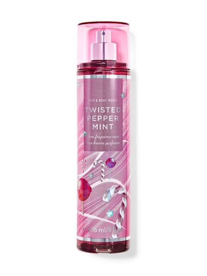 Mgiełka zapachowa "Twisted Peppermint" z brokatem i motywem białych i czerwonych lasek cukrowych. Bath & Body Works.