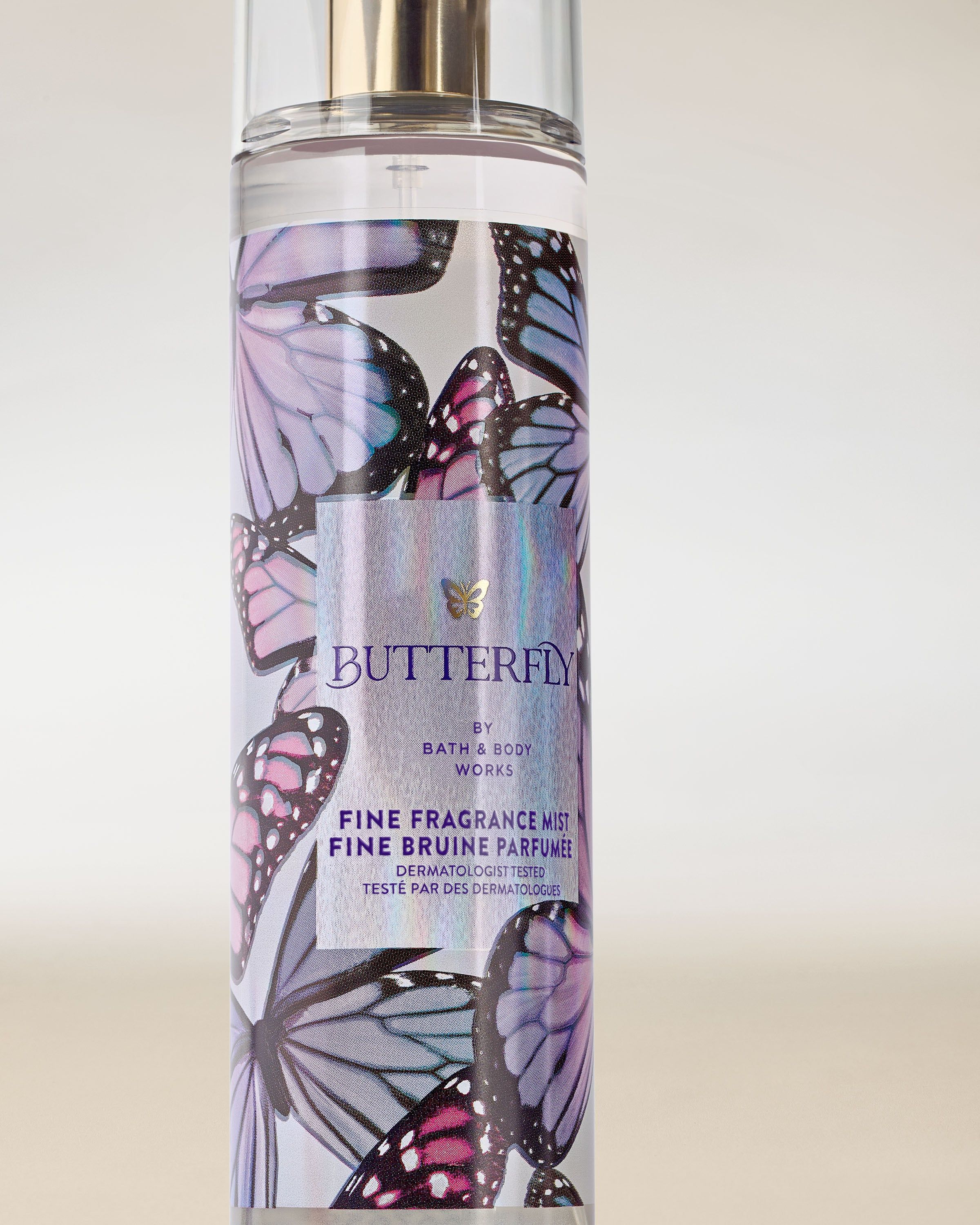 Vonná mlha Bath & Body Works Butterfly v průhledné lahvi s motivem motýlů