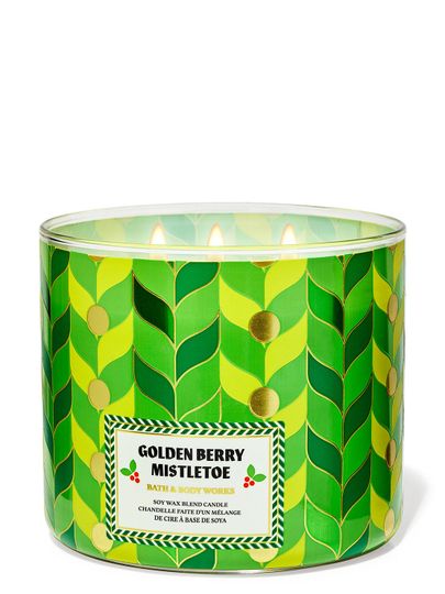 Świeca „Golden Berry Mistletoe” w szklanym słoiku z geometrycznym wzorem w odcieniach zieleni, Bath & Body Works.