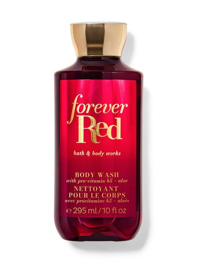 Sprchový gel Bath & Body Works Forever Red 295 ml v vínové lahvi se zlatým uzávěrem.