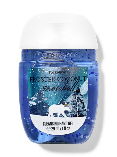 Oczyszczający żelik do rąk „Frosted Coconut Snowball” w niebieskim opakowaniu z polarnym niedźwiedziem. Bath & Body Works.