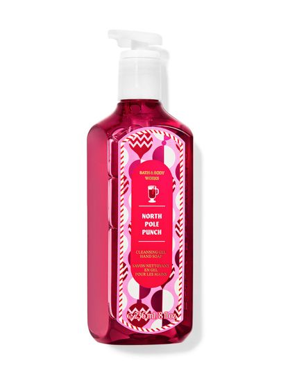 Różowe mydło do rąk w żelu „North Pole Punch” z motywem filiżanek gorącego napoju i serduszek. Bath & Body Works.