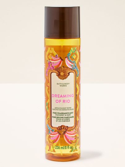 Tělový sprej Bath & Body Works Dreaming of Rio s barevnou tropickou etiketou.