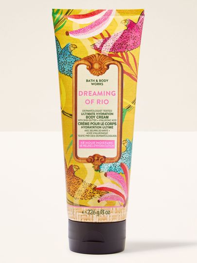Tělový krém Bath & Body Works Dreaming of Rio s pestrou tropickou etiketou.