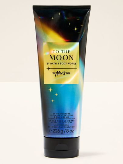 Czarny krem do ciała dla mężczyzn z holograficznym motywem kosmosu i napisem "To the Moon". Bath & Body Works.