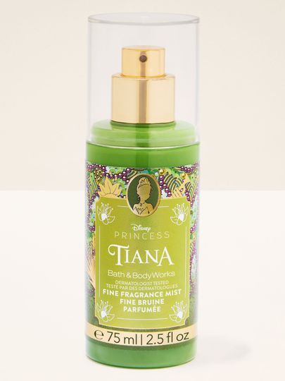 Mini voňavá mlha Tiana z kolekce Disney Princess od Bath & Body Works v zeleném lesklém flakonu.