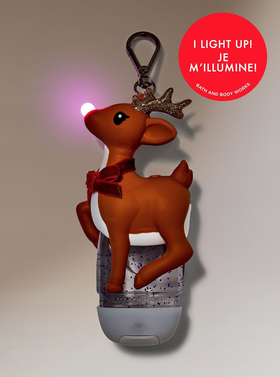 Świąteczne etui na żel do rąk w kształcie renifera ze świecącym nosem, Bath & Body Works.