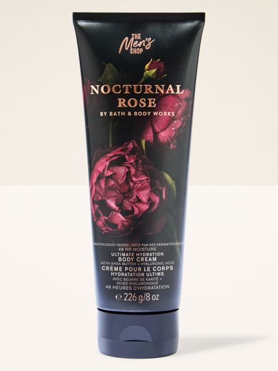 Tělový krém Nocturnal Rose Bath & Body Works z pánské kolekce, v tmavém elegantním balení s růžemi.