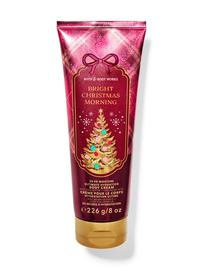Czerwony krem do ciała z motywem choinki i napisem "Bright Christmas Morning", Bath & Body Works.