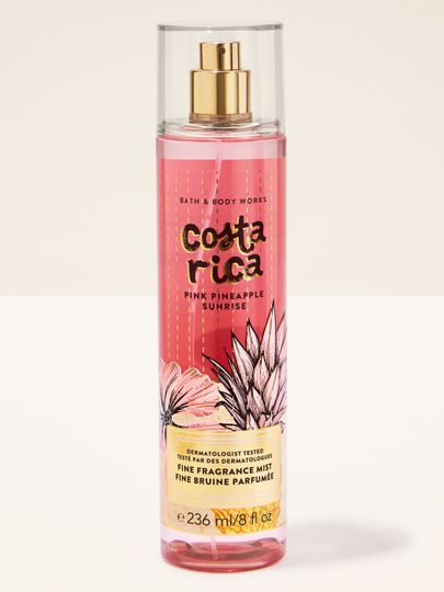 Vonná mlha Costa Rica Pink Pineapple Sunrise od Bath & Body Works v růžové lahvičce s rozprašovačem a tropickou grafikou.