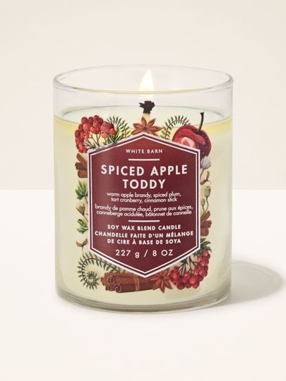 Vonná svíčka Spiced Apple Toddy White Barn s jedním hořícím knotem a motivem jablek a skořice