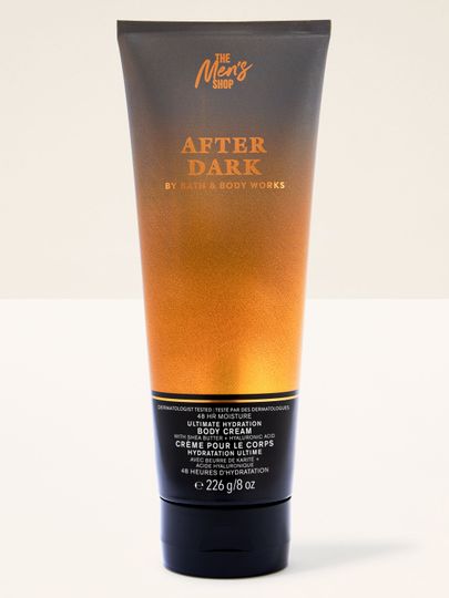 After Dark Men’s Shop Bath & Body Works – pánský tělový krém v černo‑zlaté tubě s 48h hydratací.
