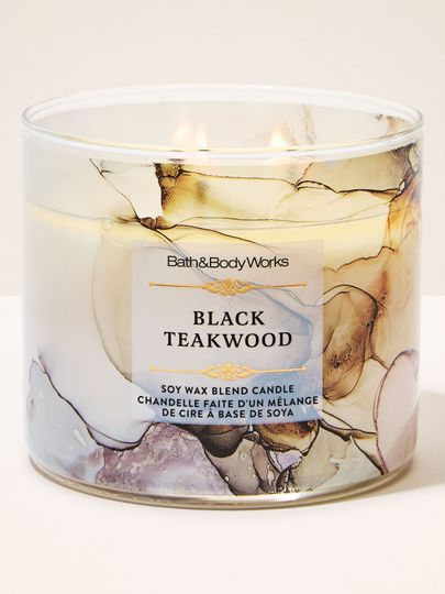 Black Teakwood – svíčka Bath & Body Works ve skle s mramorovým vzorem v béžové a hnědé, se třemi knoty
