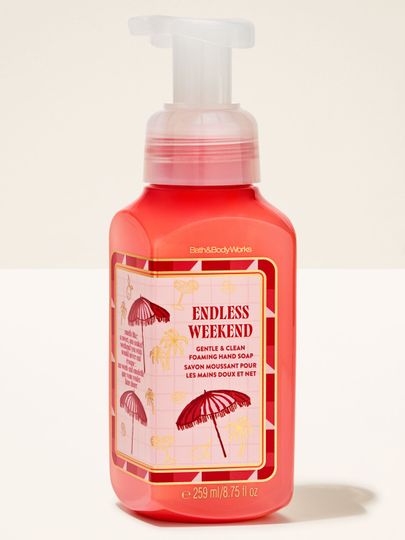 Pěnové mýdlo na ruce Endless Weekend od Bath & Body Works v červené lahvičce s pumpičkou a letní etiketou.