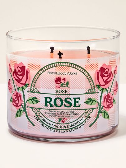 Rose – růžová svíčka Bath & Body Works z kolekce Gingham, se sklem ozdobeným kresbami růží