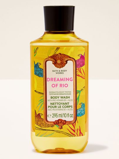 Sprchový gel Bath & Body Works Dreaming of Rio s pestrou tropickou etiketou.